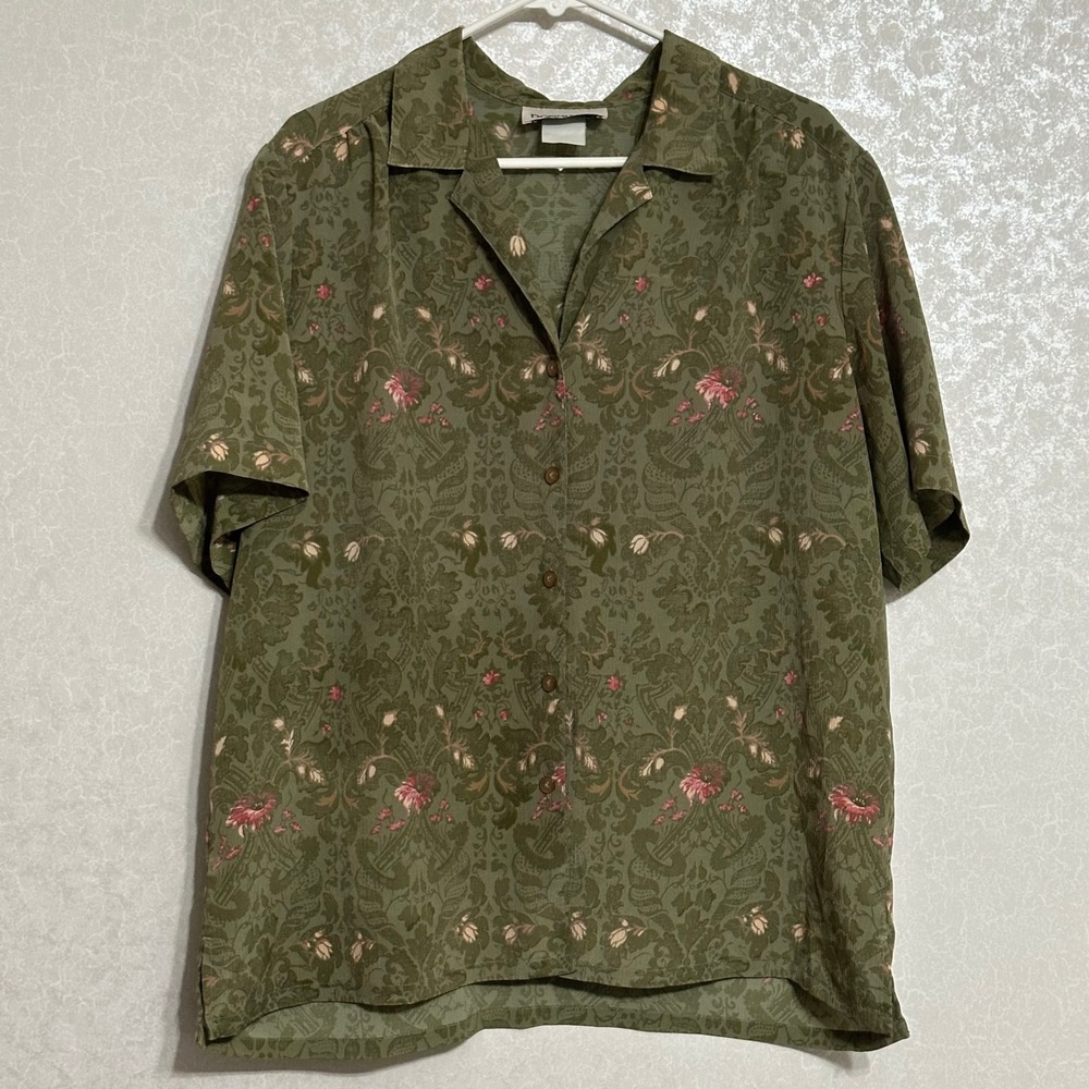 Donnkenny Woman Floral Damask Button Up Shirt Textured Olive Sage Green Boho 1X